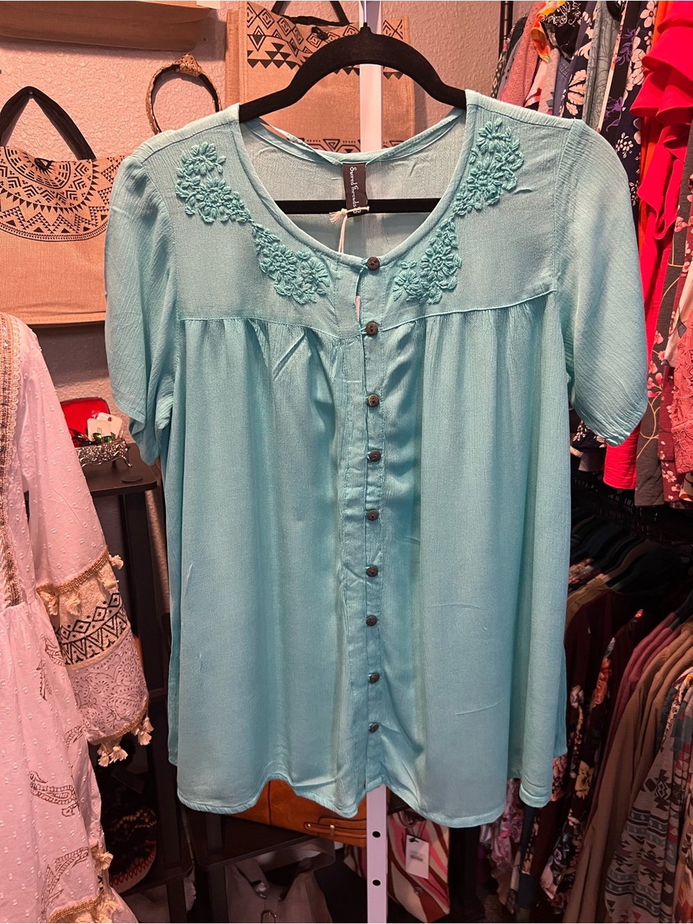 Sacred Threads Light Aqua Embroidered Button-Front Blouse